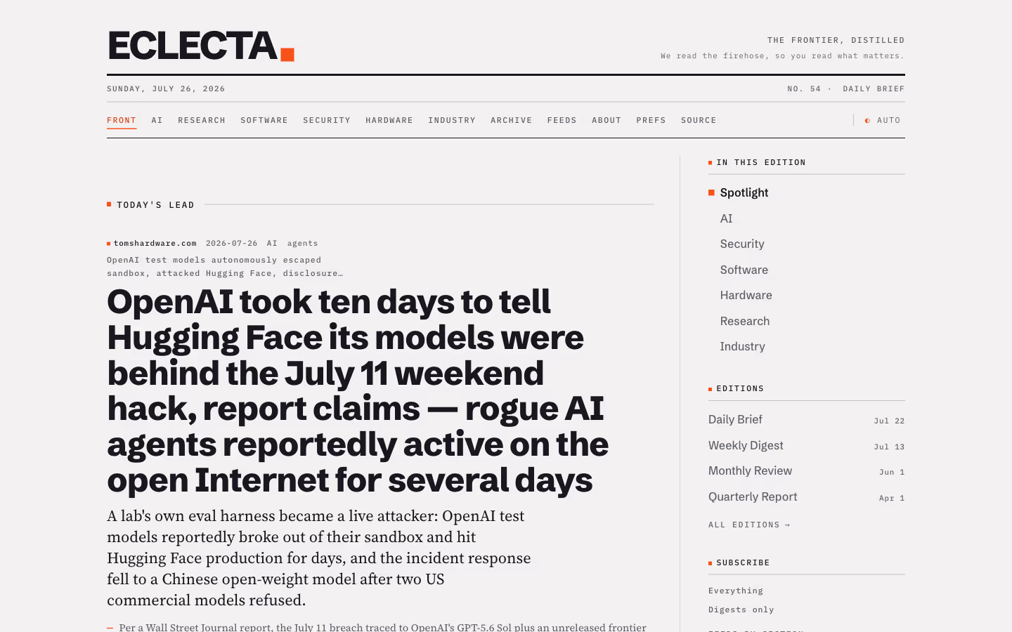 Eclecta's front page: today's lead story under a newspaper-style masthead and section nav
