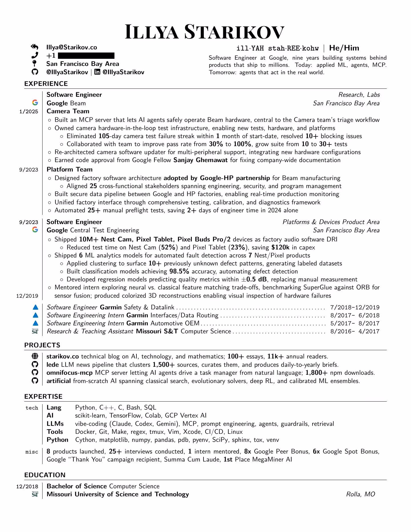 First page of the typeset résumé