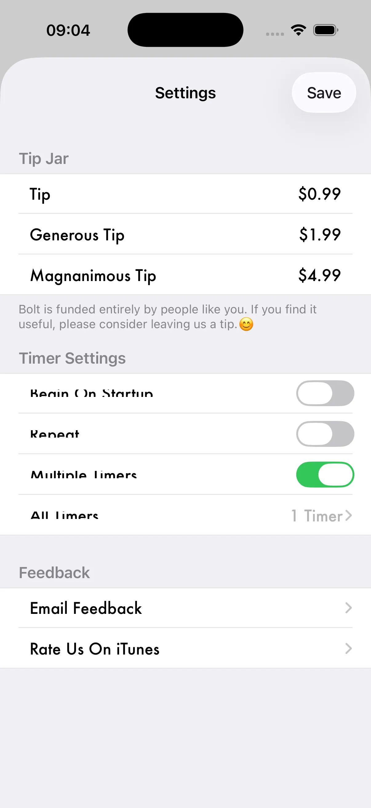 Bolt Settings Screen